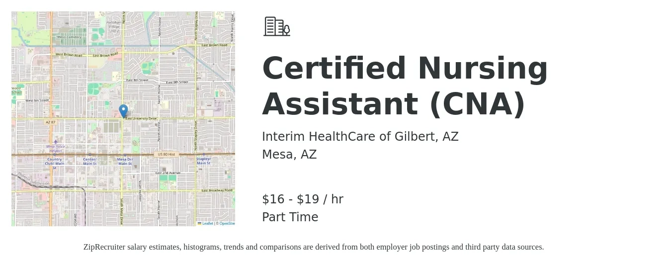 Interim Healthcare of Gilbert, AZ job posting for a Certified Nursing Assistant (CNA) in Mesa, AZ with a salary of $17 to $20 Hourly with a map of Mesa location.