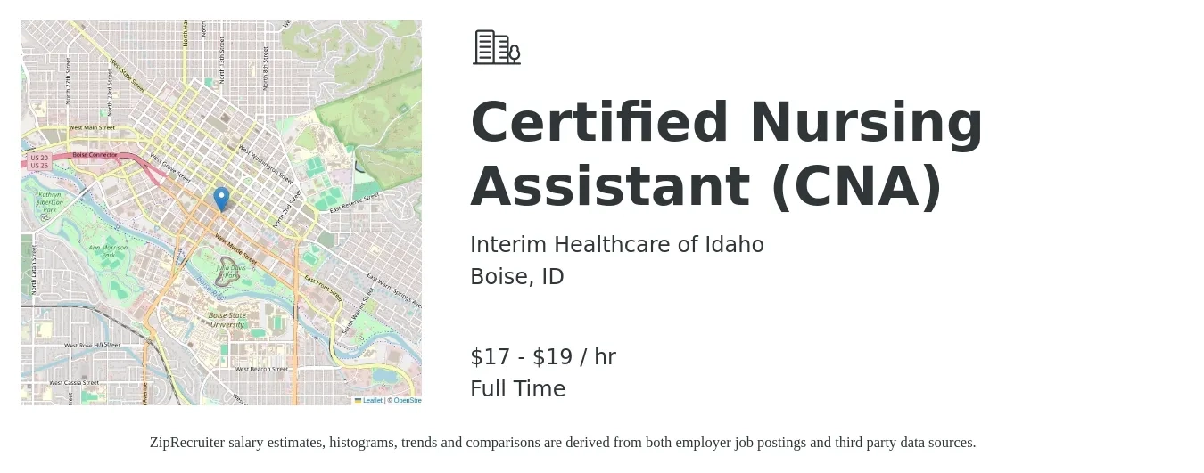 Interim Healthcare of Idaho job posting for a Certified Nursing Assistant (CNA) in Boise, ID with a salary of $18 to $20 Hourly with a map of Boise location.
