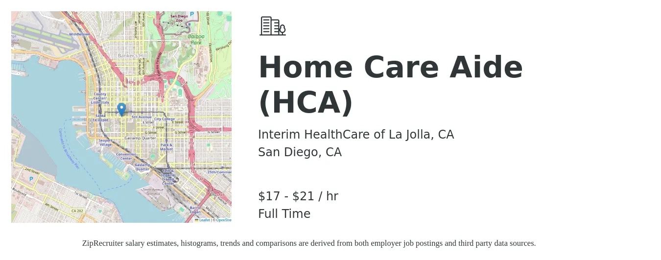 Interim HealthCare of La Jolla, CA job posting for a Home Care Aide (HCA) in San Diego, CA with a salary of $18 to $22 Hourly with a map of San Diego location.