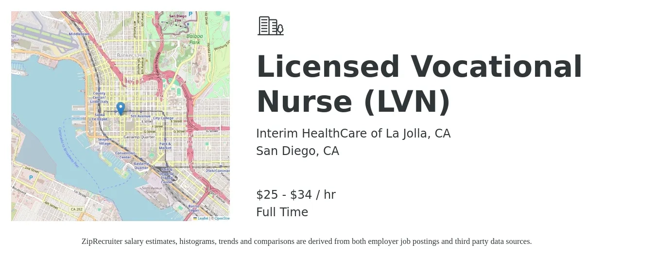 Interim HealthCare of La Jolla, CA job posting for a Licensed Vocational Nurse (LVN) in San Diego, CA with a salary of $26 to $36 Hourly with a map of San Diego location.