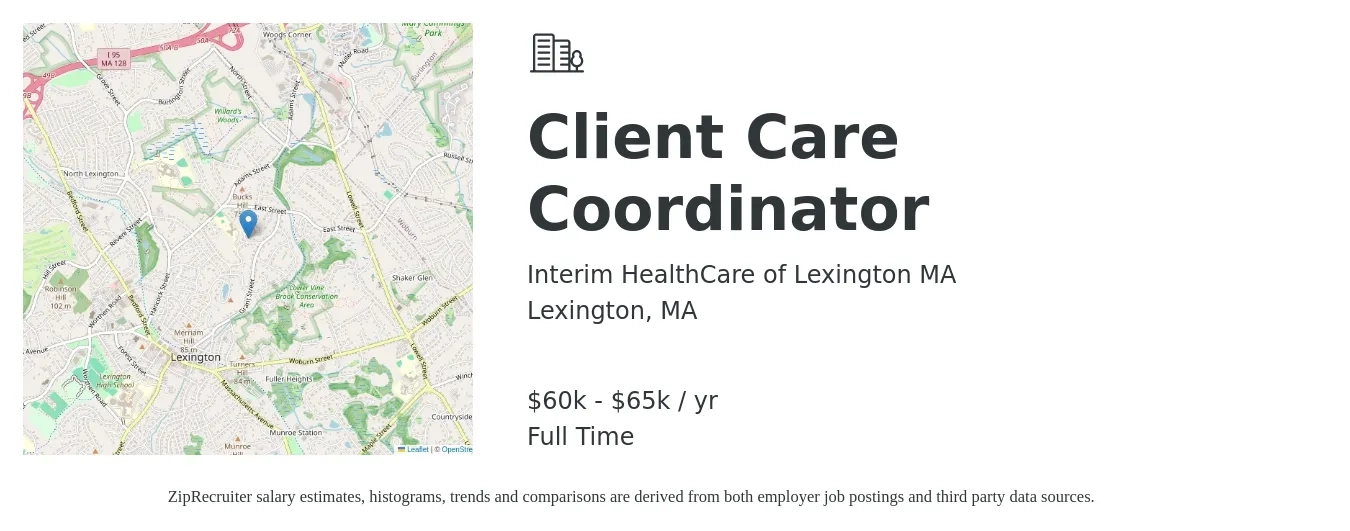 Interim HealthCare of Lexington MA job posting for a Client Care Coordinator in Lexington, MA with a salary of $60,000 to $65,000 Yearly with a map of Lexington location.
