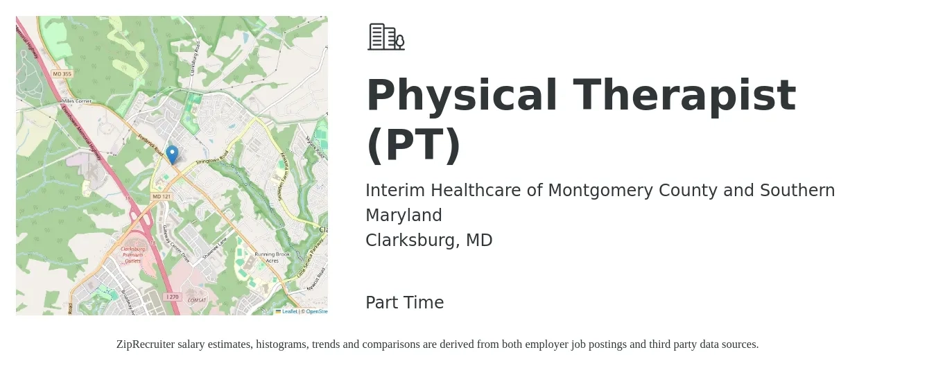 Interim Healthcare of Montgomery County and Southern Maryland job posting for a Physical Therapist (PT) in Clarksburg, MD with a salary of $1,710 to $2,220 Weekly with a map of Clarksburg location.