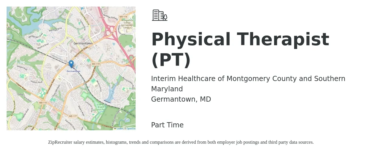 Interim Healthcare of Montgomery County and Southern Maryland job posting for a Physical Therapist (PT) in Germantown, MD with a salary of $1,680 to $2,170 Weekly with a map of Germantown location.