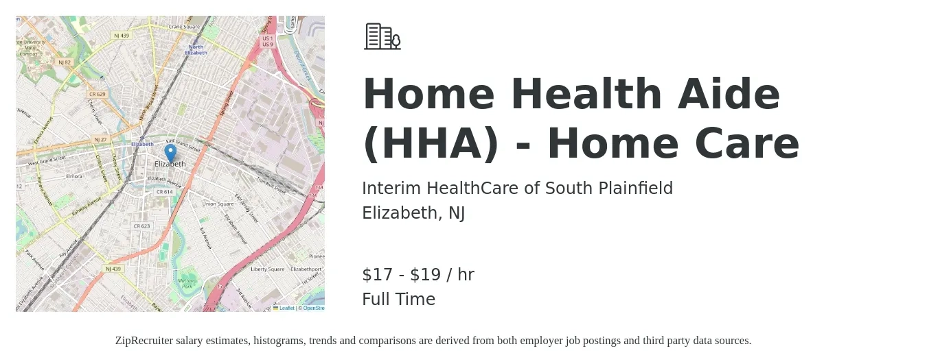 Interim HealthCare of South Plainfield job posting for a Home Health Aide (HHA) - Home Care in Elizabeth, NJ with a salary of $18 to $20 Hourly with a map of Elizabeth location.
