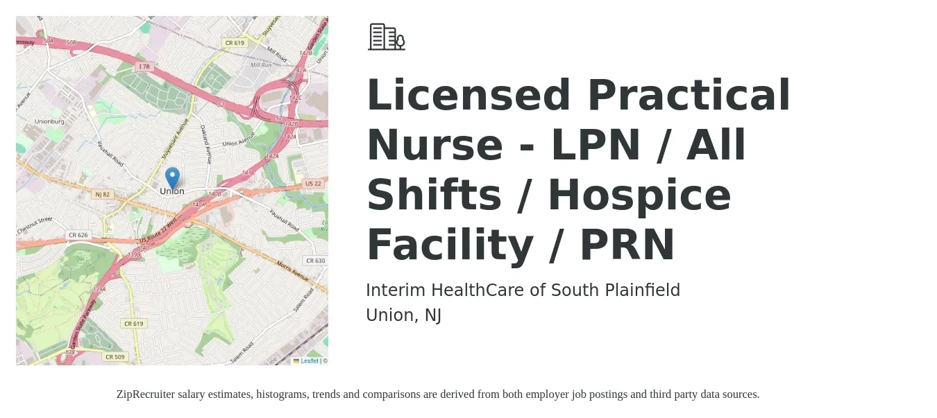 Interim HealthCare of South Plainfield job posting for a Licensed Practical Nurse - LPN / All Shifts / Hospice Facility / PRN in Union, NJ with a salary of $26 to $36 Hourly with a map of Union location.