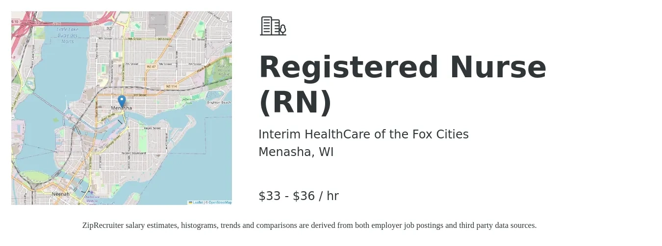 Interim HealthCare of the Fox Cities job posting for a Registered Nurse (RN) in Menasha, WI with a salary of $35 to $38 Hourly with a map of Menasha location.
