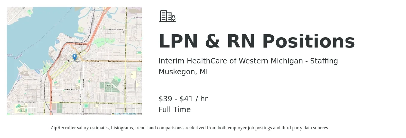 Interim HealthCare of Western Michigan - Staffing job posting for a LPN & RN Positions in Muskegon, MI with a salary of $41 to $43 Hourly with a map of Muskegon location.