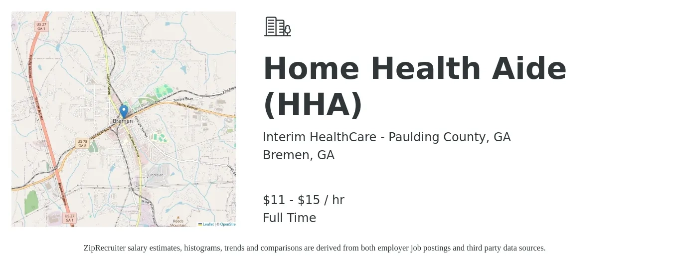 Interim HealthCare - Paulding County, GA job posting for a Home Health Aide (HHA) in Bremen, GA with a salary of $12 to $16 Hourly with a map of Bremen location.