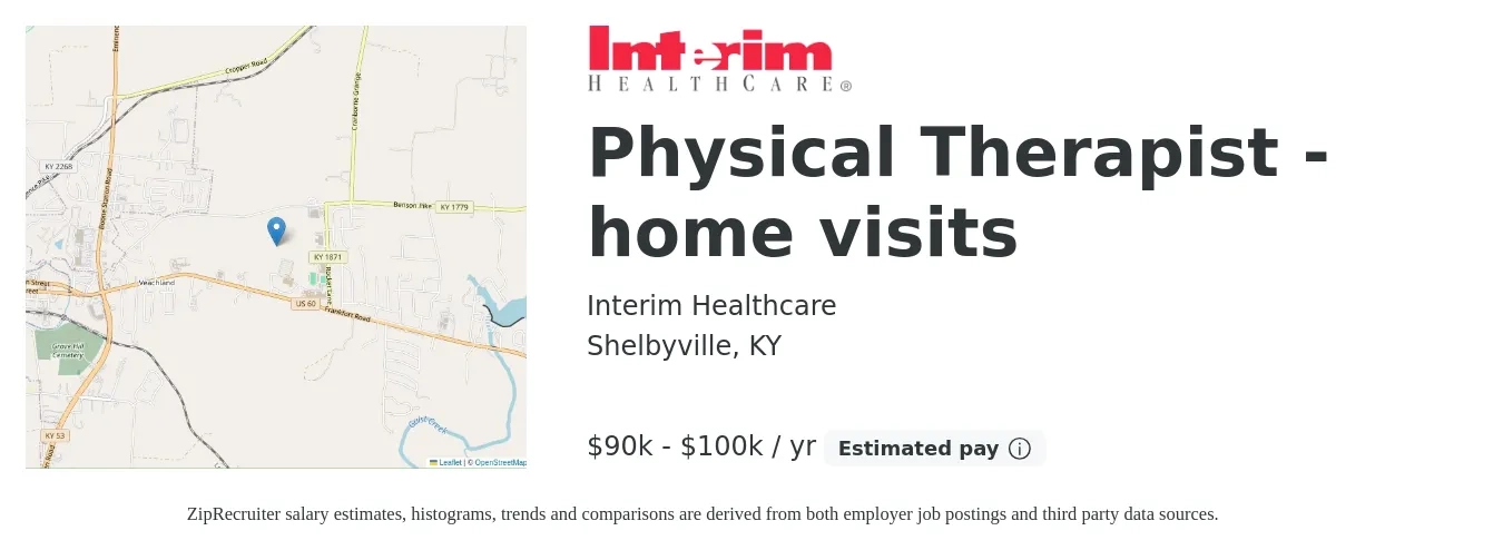 Interim Healthcare job posting for a Physical Therapist - home visits in Shelbyville, KY with a salary of $90,000 to $100,000 Yearly with a map of Shelbyville location.