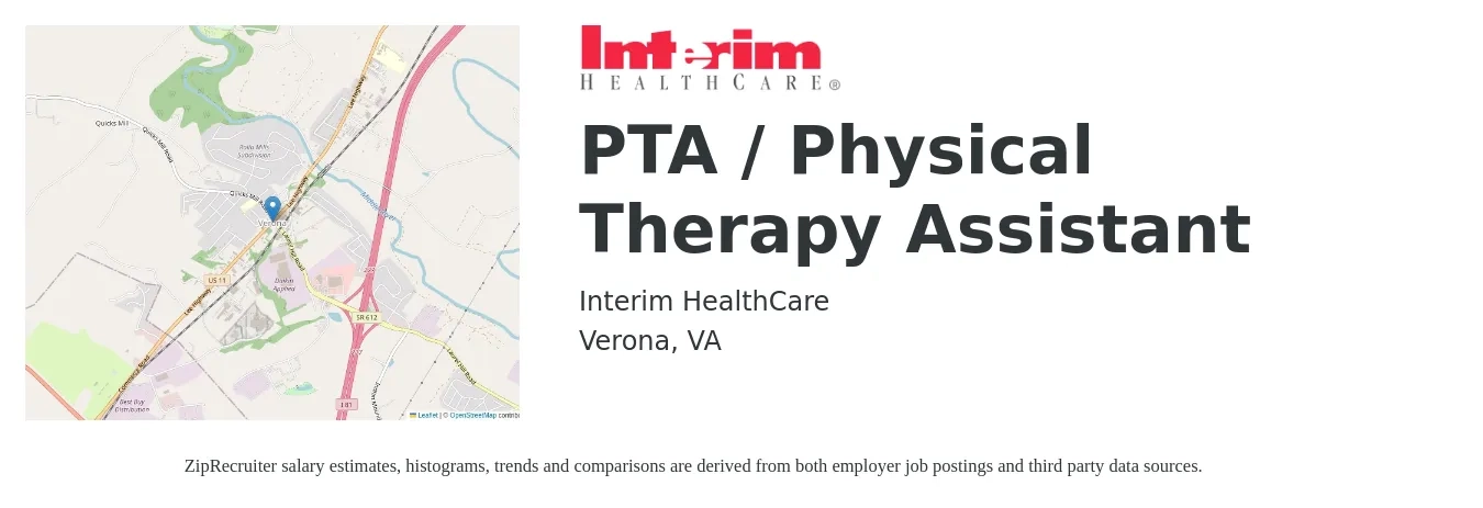 Interim HealthCare job posting for a PTA / Physical Therapy Assistant in Verona, VA with a salary of $25 to $33 Hourly with a map of Verona location.