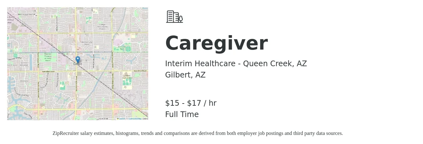 Interim Healthcare - Queen Creek, AZ job posting for a Caregiver in Gilbert, AZ with a salary of $16 to $18 Hourly with a map of Gilbert location.