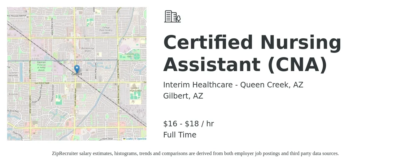 Interim Healthcare - Queen Creek, AZ job posting for a Certified Nursing Assistant (CNA) in Gilbert, AZ with a salary of $17 to $19 Hourly with a map of Gilbert location.