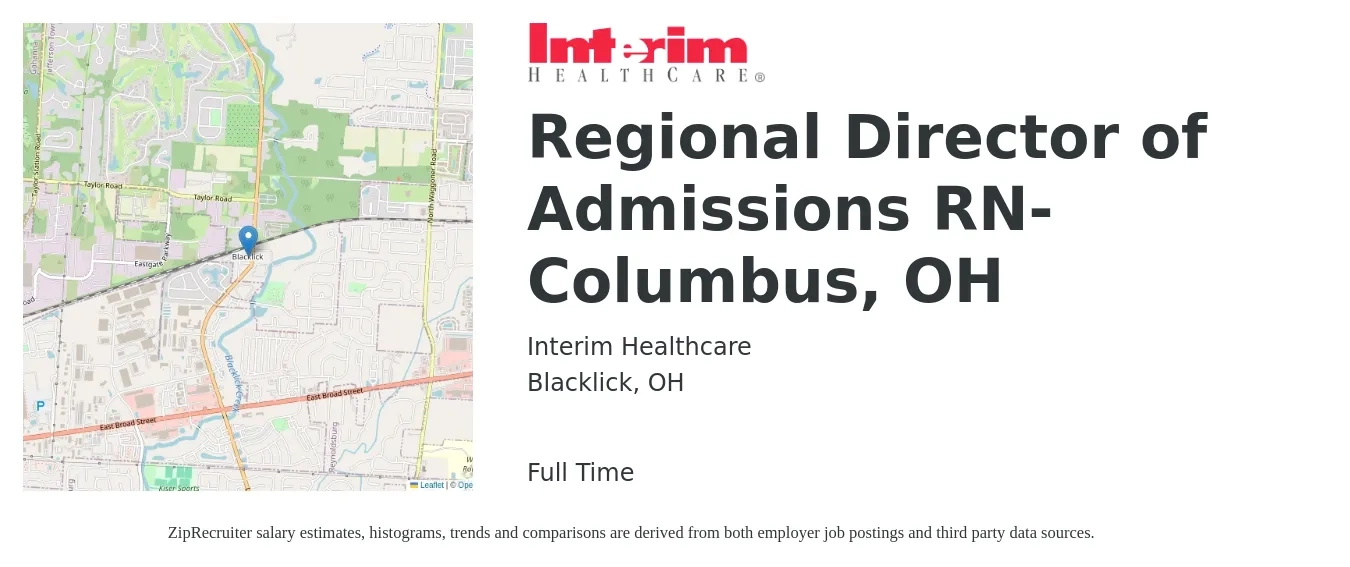 Interim Healthcare job posting for a Regional Director of Admissions RN- Columbus, OH in Blacklick, OH with a salary of $48,800 to $96,600 Yearly with a map of Blacklick location.