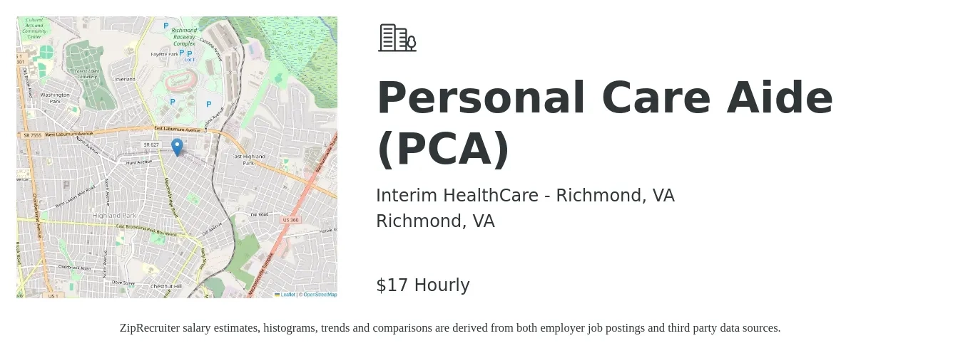 Interim HealthCare - Richmond, VA job posting for a Personal Care Aide (PCA) in Richmond, VA with a salary of $18 Hourly with a map of Richmond location.