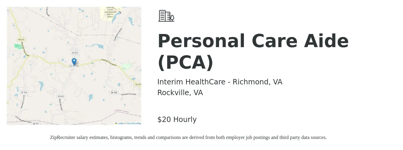 Interim HealthCare - Richmond, VA job posting for a Personal Care Aide (PCA) in Rockville, VA with a salary of $21 Hourly with a map of Rockville location.