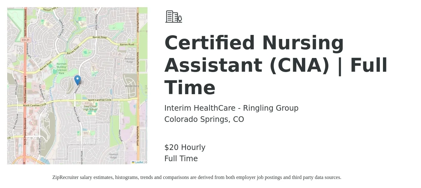 Interim HealthCare - Ringling Group job posting for a Certified Nursing Assistant (CNA) | Full Time in Colorado Springs, CO with a salary of $21 Hourly with a map of Colorado Springs location.
