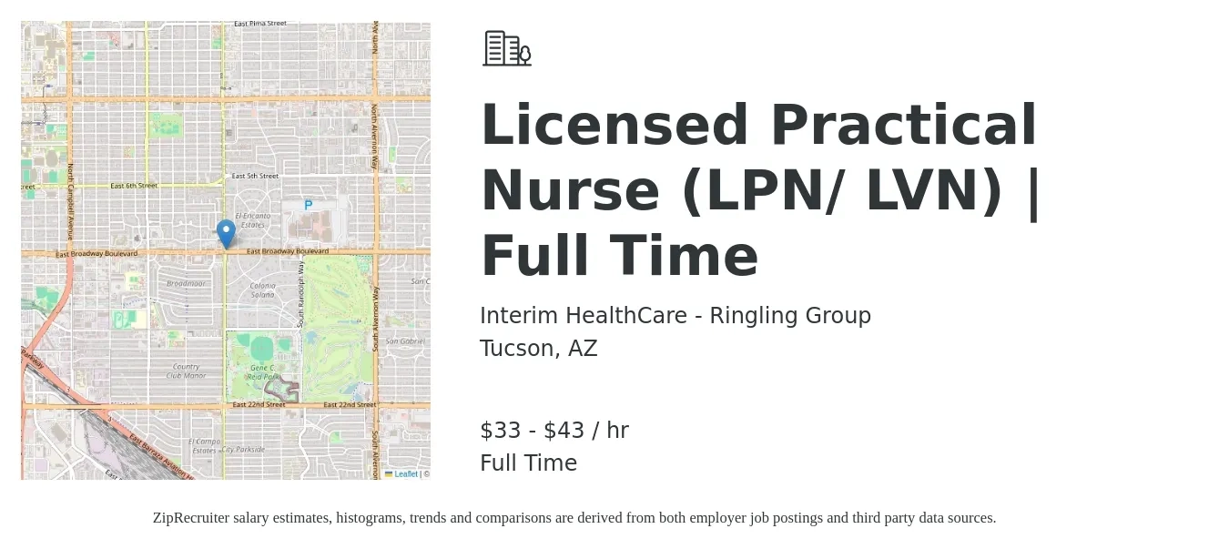 Interim HealthCare - Ringling Group job posting for a Licensed Practical Nurse (LPN/ LVN) | Full Time in Tucson, AZ with a salary of $35 to $45 Hourly with a map of Tucson location.