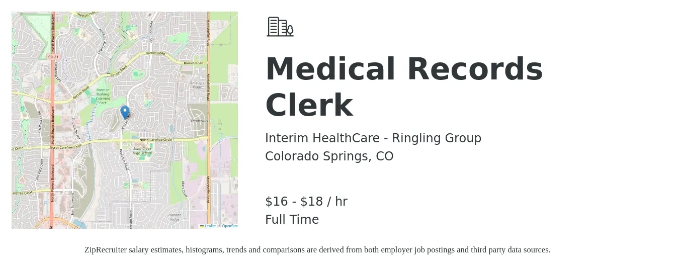 Interim HealthCare - Ringling Group job posting for a Medical Records Clerk in Colorado Springs, CO with a salary of $17 to $19 Hourly with a map of Colorado Springs location.