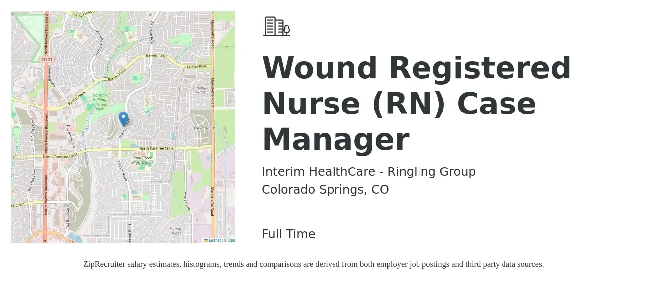 Interim HealthCare - Ringling Group job posting for a Wound Registered Nurse (RN) Case Manager in Colorado Springs, CO with a salary of $34 to $53 Hourly with a map of Colorado Springs location.
