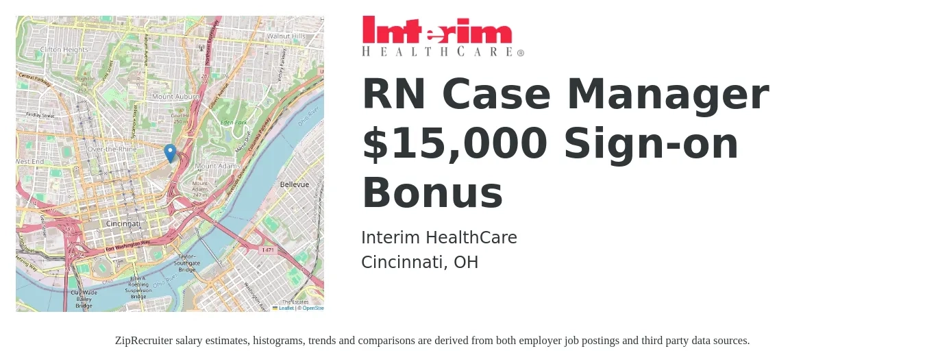 Interim Healthcare job posting for a RN Case Manager $15,000 Sign-on Bonus in Cincinnati, OH with a salary of $80,000 Yearly with a map of Cincinnati location.
