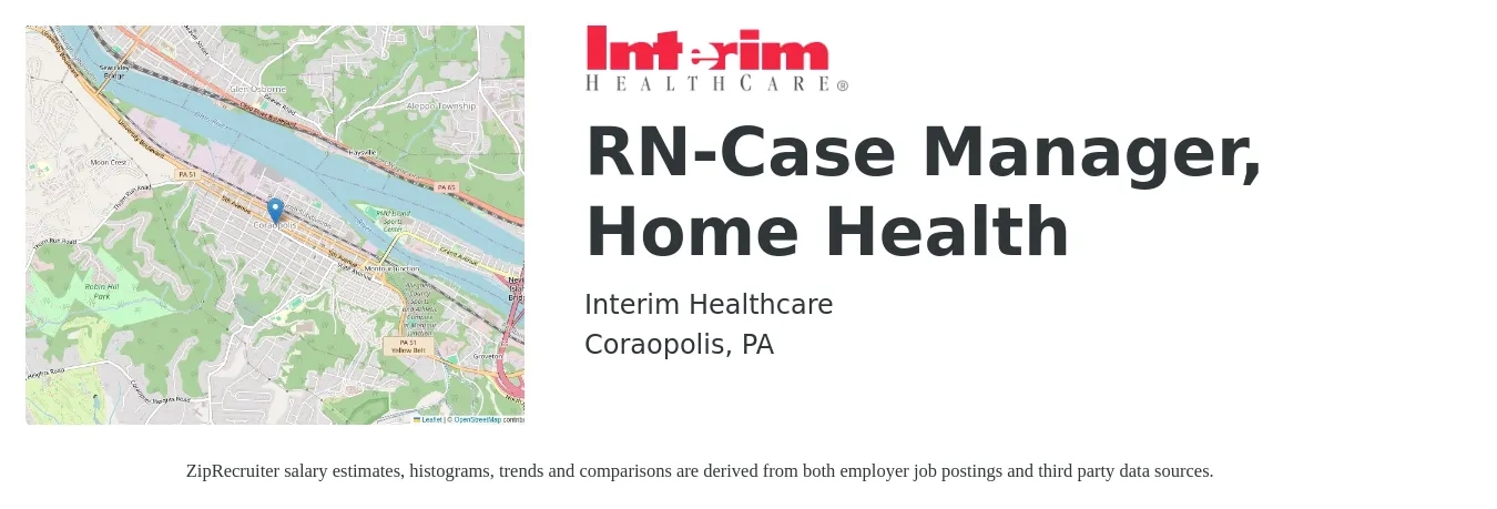 Interim Healthcare job posting for a RN Case Manager - Home Health in Coraopolis, PA with a salary of $75,000 to $80,000 Yearly with a map of Coraopolis location.