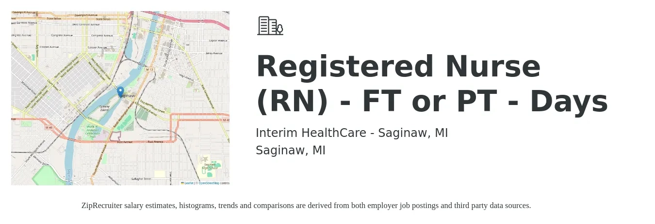 Interim HealthCare - Saginaw, MI job posting for a Registered Nurse (RN) - FT or PT - Days in Saginaw, MI with a salary of $30 to $48 Hourly with a map of Saginaw location.