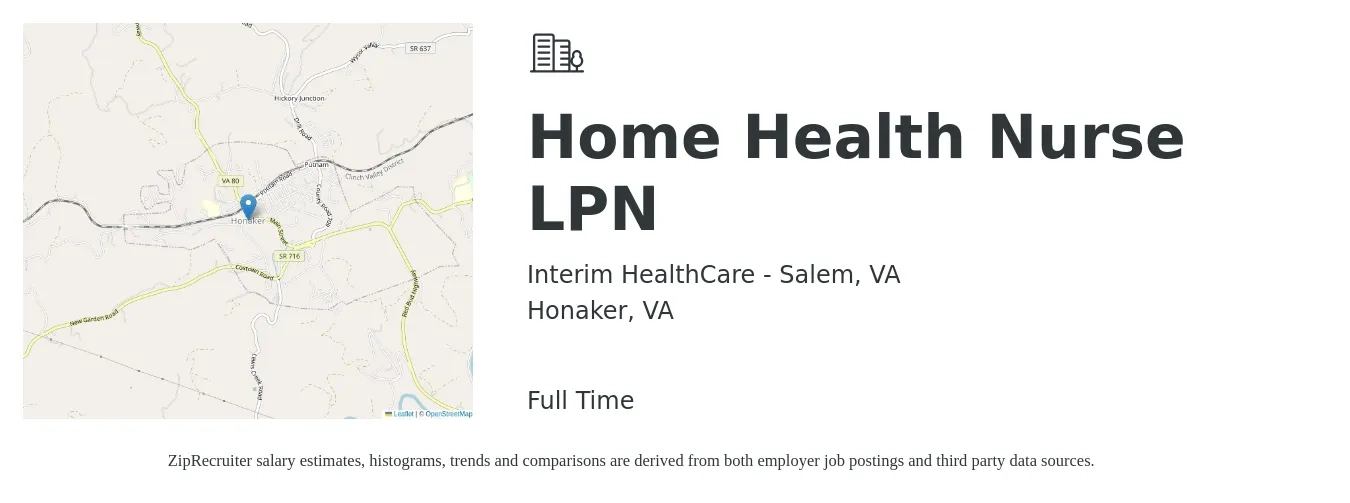 Interim HealthCare - Salem, VA job posting for a Home Health Nurse LPN in Honaker, VA with a salary of $23 to $30 Hourly with a map of Honaker location.