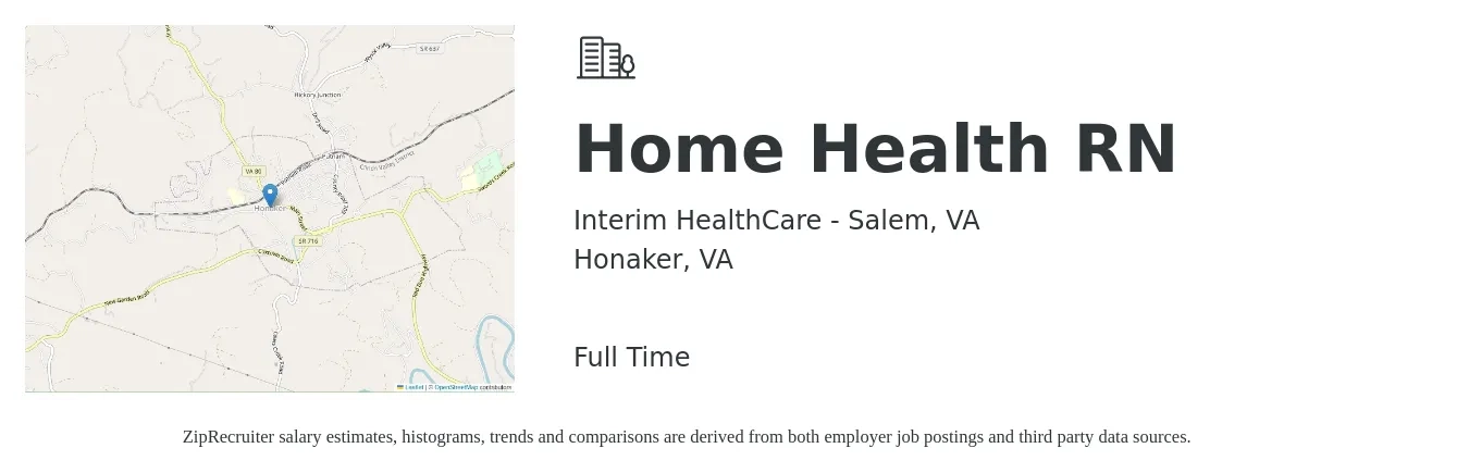 Interim HealthCare - Salem, VA job posting for a Home Health RN in Honaker, VA with a salary of $1,400 to $2,090 Weekly with a map of Honaker location.