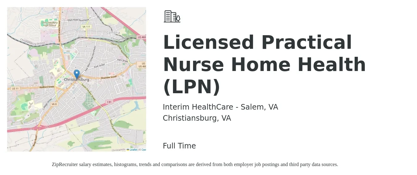 Interim HealthCare - Salem, VA job posting for a Licensed Practical Nurse Home Health (LPN) in Christiansburg, VA with a salary of $24 to $32 Hourly with a map of Christiansburg location.