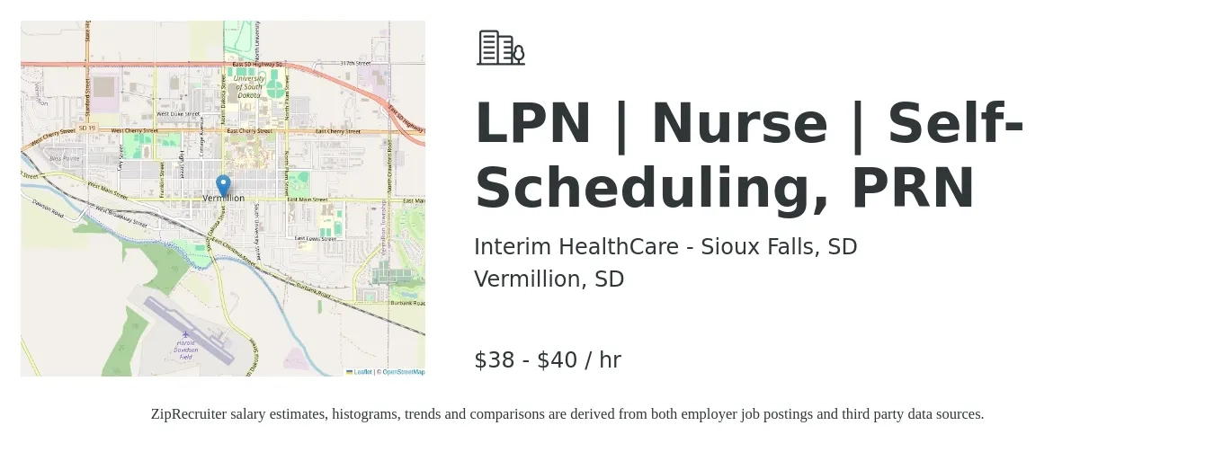 Interim HealthCare - Sioux Falls, SD job posting for a LPN | Nurse | Self-Scheduling, PRN in Vermillion, SD with a salary of $40 to $42 Hourly with a map of Vermillion location.