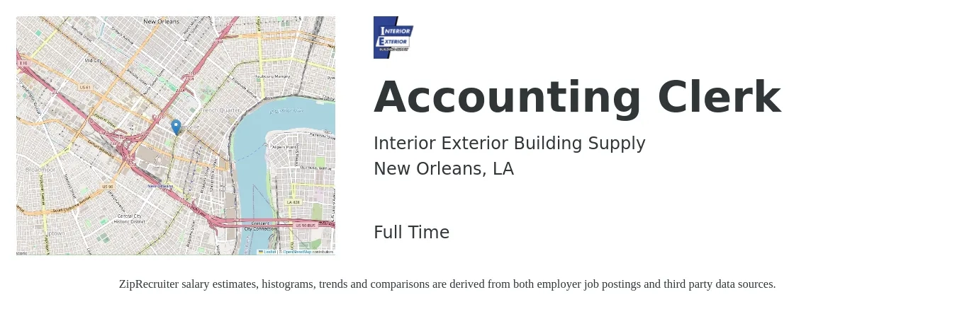 Interior Exterior Building Supply job posting for a Accounting Clerk in New Orleans, LA with a salary of $18 to $23 Hourly with a map of New Orleans location.
