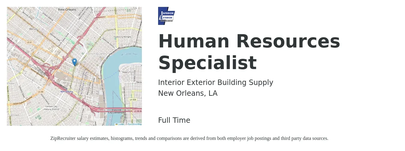 Interior Exterior Building Supply job posting for a Human Resources Specialist in New Orleans, LA with a salary of $45,100 to $94,600 Yearly with a map of New Orleans location.