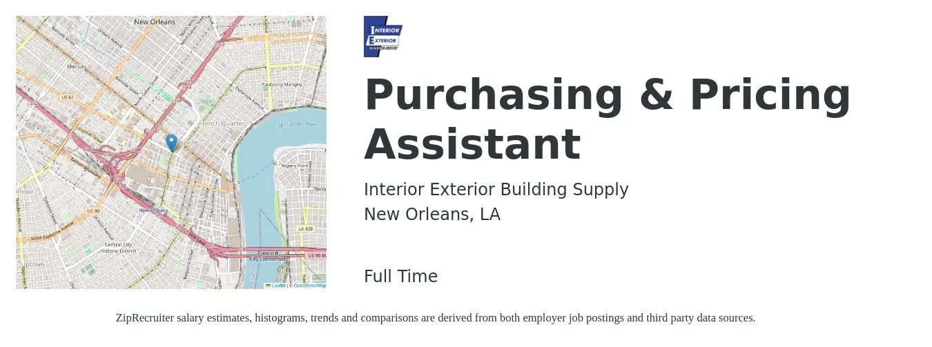 Interior Exterior Building Supply job posting for a Purchasing & Pricing Assistant in New Orleans, LA with a salary of $18 to $24 Hourly with a map of New Orleans location.