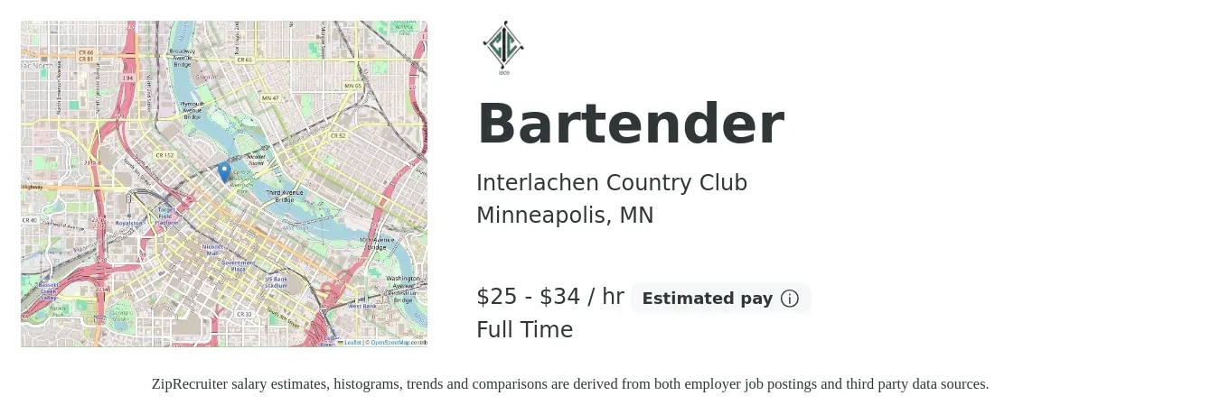Interlachen Country Club job posting for a Bartender in Minneapolis, MN with a salary of $27 to $36 Hourly with a map of Minneapolis location.