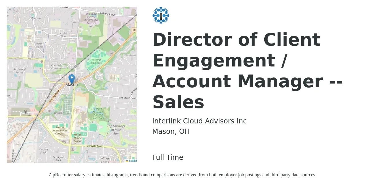 Interlink Cloud Advisors, Inc. job posting for a Director of Client Engagement / Account Manager -- Sales in Mason, OH with a salary of $43,700 to $58,800 Yearly with a map of Mason location.