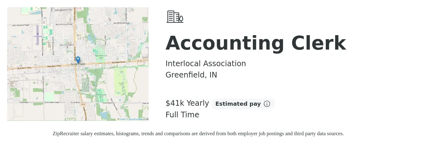 Interlocal Association job posting for a Accounting Clerk in Greenfield, IN with a salary of $18 to $23 Hourly with a map of Greenfield location.