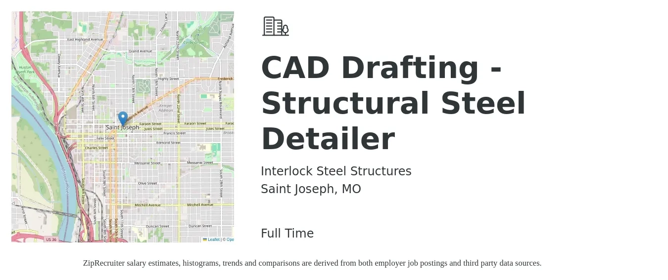 Interlock Steel Structures job posting for a CAD Drafting - Structural Steel Detailer in Saint Joseph, MO with a salary of $22 to $31 Hourly with a map of Saint Joseph location.