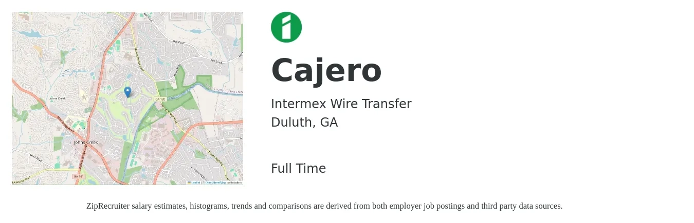 Intermex Wire Transfer job posting for a Cajero in Duluth, GA with a salary of $13 to $18 Hourly with a map of Duluth location.