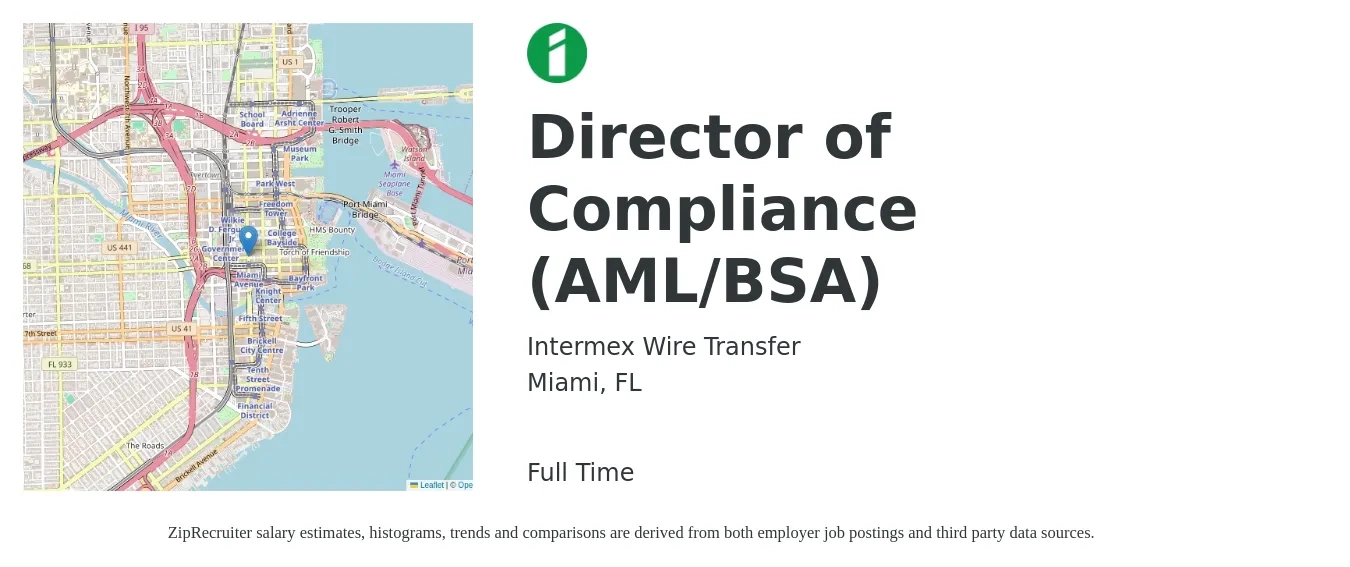 Intermex Wire Transfer job posting for a Director of Compliance (AML/BSA) in Miami, FL with a salary of $106,600 to $163,600 Yearly with a map of Miami location.