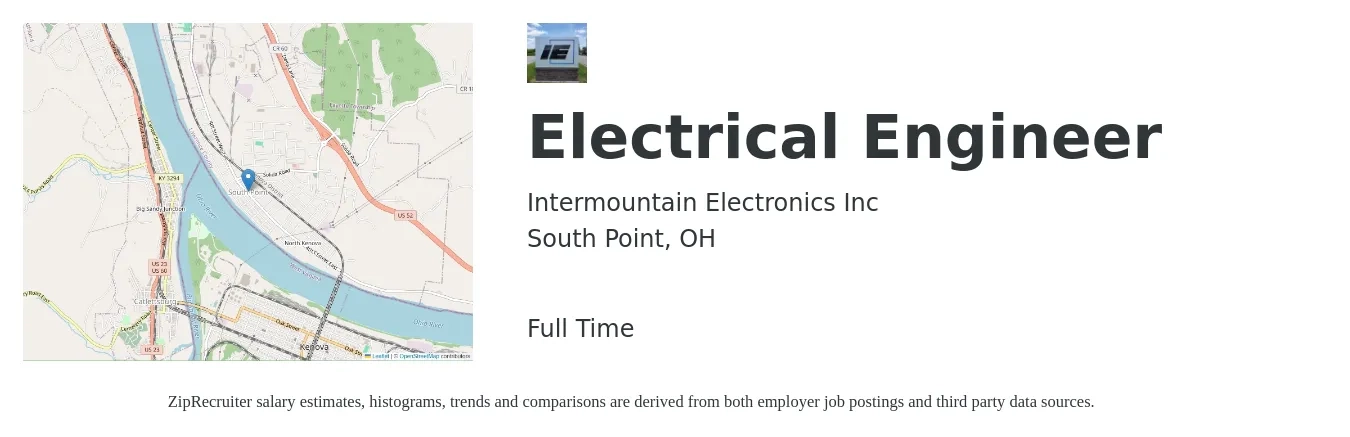 Intermountain Electronics Inc job posting for a Electrical Engineer in South Point, OH with a salary of $68,400 to $108,800 Yearly with a map of South Point location.