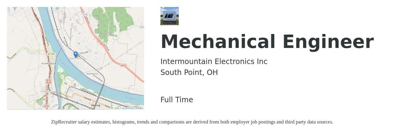 Intermountain Electronics Inc job posting for a Mechanical Engineer in South Point, OH with a salary of $67,200 to $104,300 Yearly with a map of South Point location.