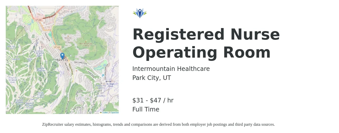 Intermountain Healthcare job posting for a Registered Nurse Operating Room in Park City, UT with a salary of $33 to $49 Hourly with a map of Park City location.