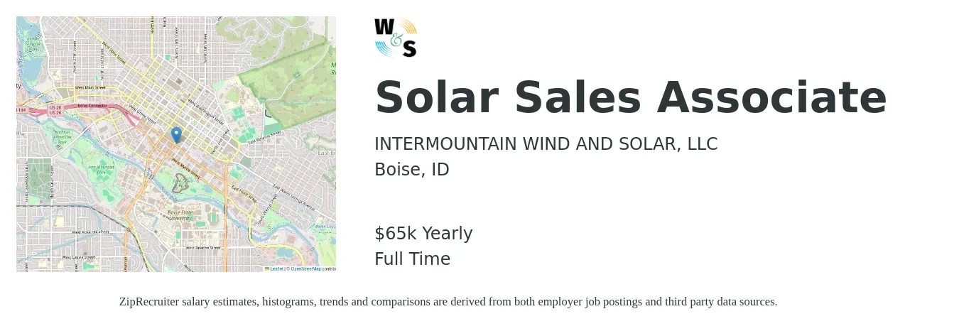 INTERMOUNTAIN WIND AND SOLAR, LLC job posting for a Solar Sales Associate in Boise, ID with a salary of $65,000 Yearly with a map of Boise location.