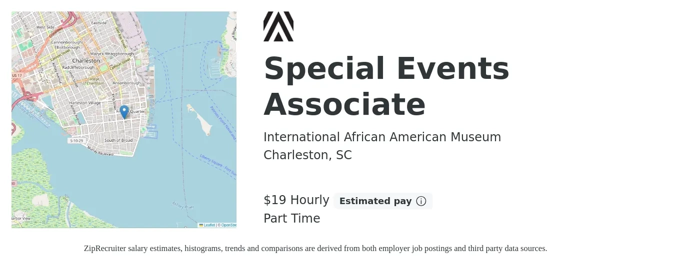 International African American Museum job posting for a Special Events Associate in Charleston, SC with a salary of $20 Hourly with a map of Charleston location.
