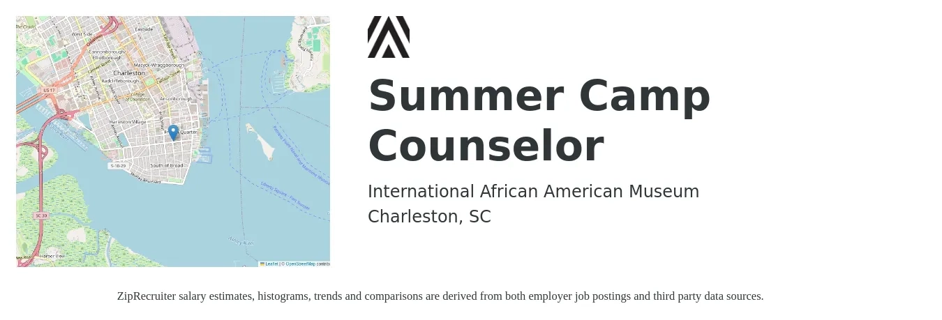 International African American Museum job posting for a Summer Camp Counselor in Charleston, SC with a salary of $17 Yearly with a map of Charleston location.