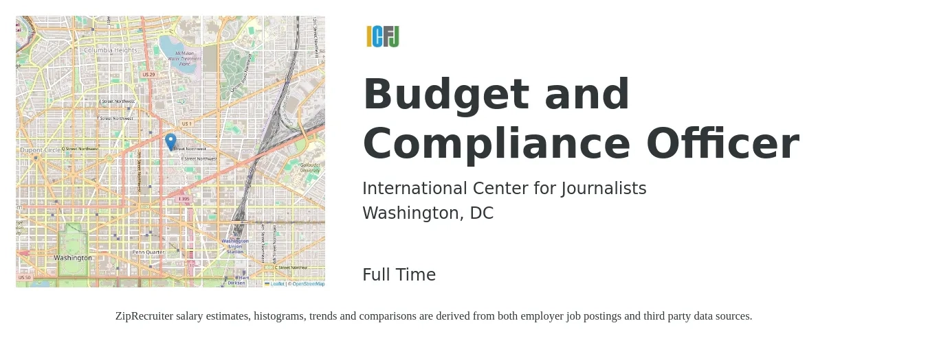 International Center for Journalists job posting for a Budget and Compliance Officer in Washington, DC with a salary of $69,400 to $129,900 Yearly with a map of Washington location.