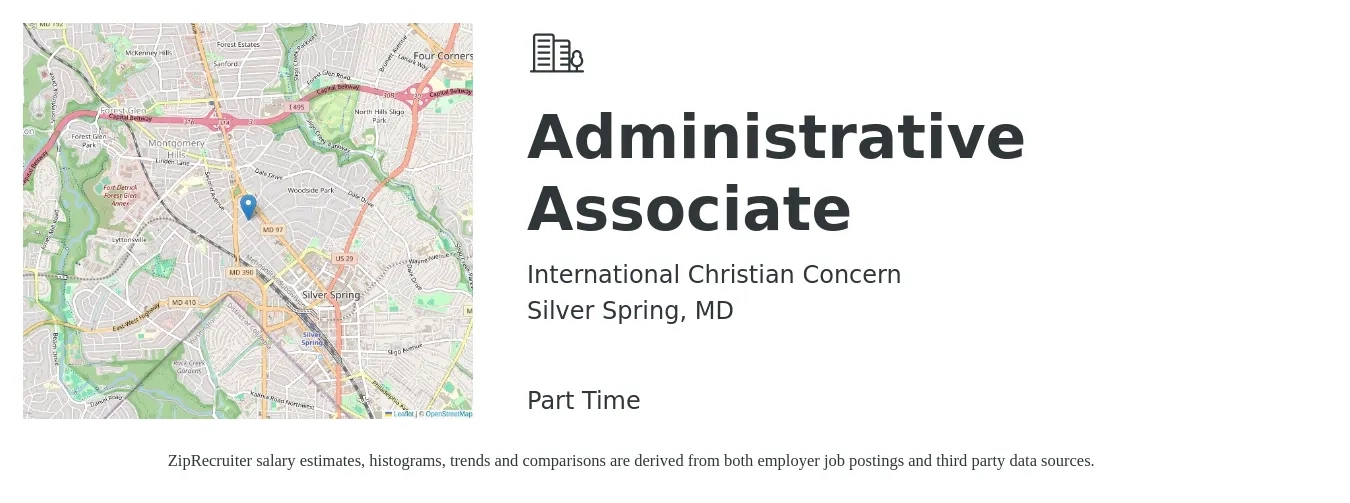 International Christian Concern job posting for a Administrative Associate in Silver Spring, MD with a salary of $22 to $25 Hourly with a map of Silver Spring location.