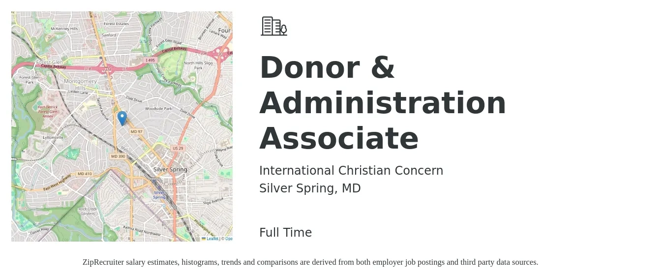 International Christian Concern job posting for a Donor & Administration Associate in Silver Spring, MD with a salary of $18 to $22 Hourly with a map of Silver Spring location.