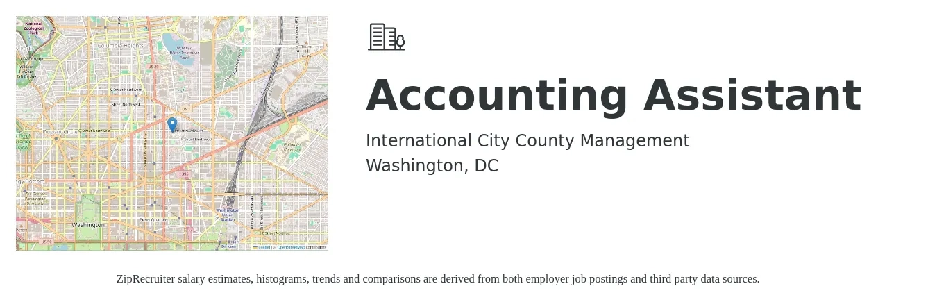 International City County Management job posting for a Accounting Assistant in Washington, DC with a salary of $22 to $29 Hourly with a map of Washington location.