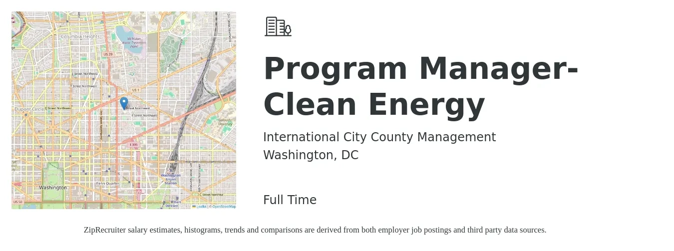 International City County Management job posting for a Program Manager- Clean Energy in Washington, DC with a salary of $90,000 to $150,000 Yearly with a map of Washington location.